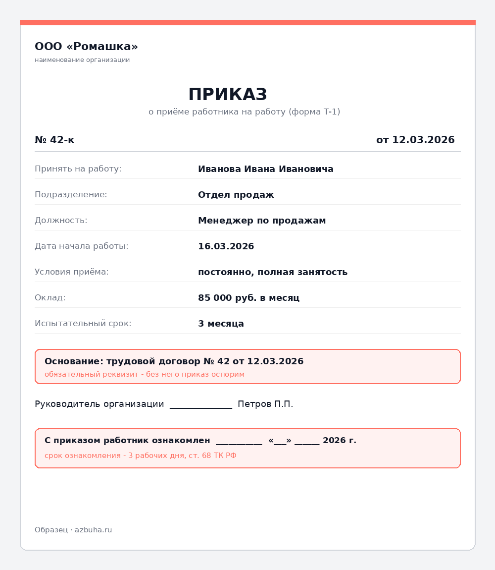 Образец приказа о приёме на работу форма Т-1 с обязательными реквизитами